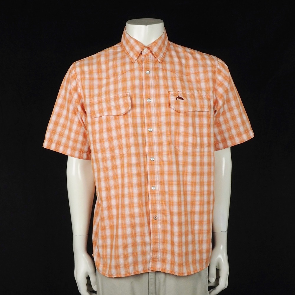 Simms Fishing Pearl Snap Shirt Mens Medium Orange Plaid Pockets Outdoor Camp
